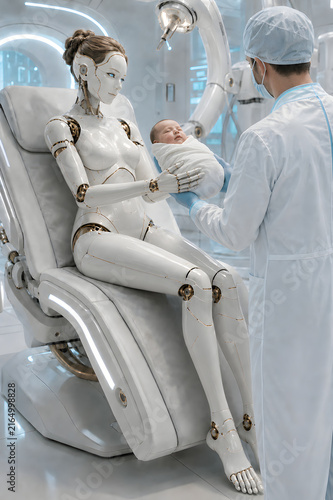 Female Robot Mother Holding Human Baby with Doctor in Clinic