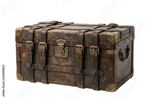 Antique wooden storage trunk with leather straps and metal hardware