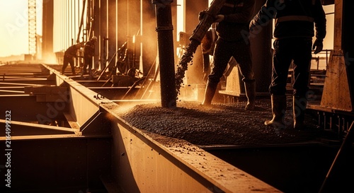 Construction Workers Pouring Concrete During Golden Hour Sunset