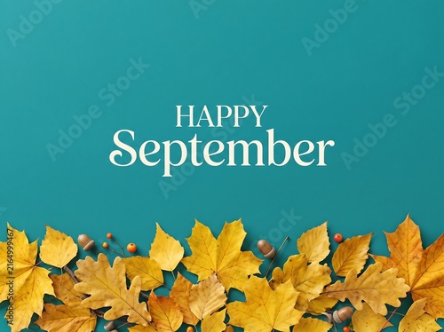 Border of vibrant autumn leaves and small acorns lines a turquoise background.