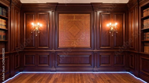 A stately library with rich wood paneling, built-in bookshelves, and ambient lighting. The room exudes a sense of classic elegance and scholarly atmosphere