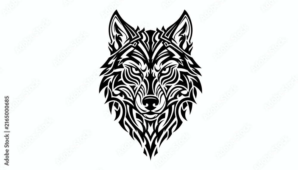 Fototapeta premium A striking black and white tribal tattoo design of a fierce wolf's head.