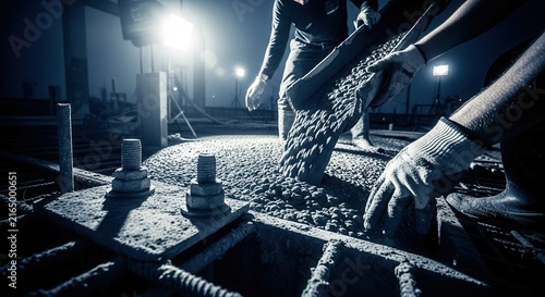 Construction Workers Pouring Concrete Foundation At Night Under Spotlight