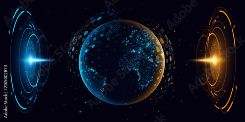 Futuristic digital Earth globe with glowing blue and orange energy interfaces, holographic HUD elements, hexagonal patterns and network connections on a dark background. Vector illustration.