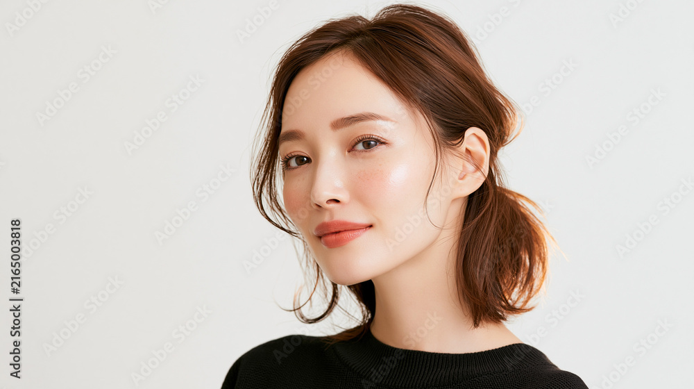 Fototapeta premium 美容, 女性, スキンケア, 化粧品, ビューティー, 若い女性, 美肌, 日本人, アジア人, フェイシャル, メイク, 美容液, 保湿, クリーム, エイジングケア, 美容医療, エステ, 美容クリニック, 肌ケア, ナチュラルメイク, 透明感, ツヤ肌, モデル, 笑顔, ポートレート, クローズアップ, リラックス, 癒し, 健康的, 美白, コラーゲン, ヒアルロン酸, アンチエイジング