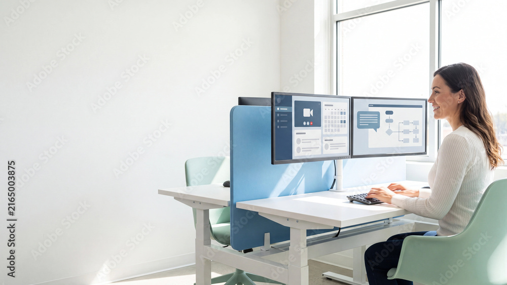 Obraz premium Professional young woman happily working on dual computer monitors at a modern standing desk in a bright, contemporary office environment, with ample copy space available on the left wall.