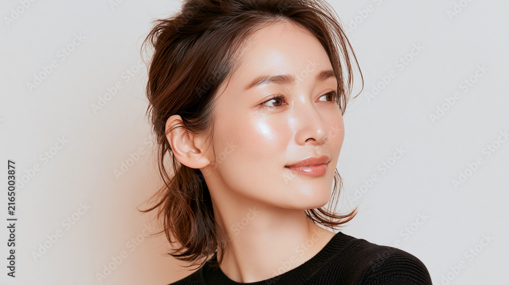Fototapeta premium 美容, 女性, スキンケア, 化粧品, ビューティー, 若い女性, 美肌, 日本人, アジア人, フェイシャル, メイク, 美容液, 保湿, クリーム, エイジングケア, 美容医療, エステ, 美容クリニック, 肌ケア, ナチュラルメイク, 透明感, ツヤ肌, モデル, 笑顔, ポートレート, クローズアップ, リラックス, 癒し, 健康的, 美白, コラーゲン, ヒアルロン酸, アンチエイジング