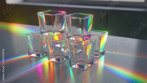 Stacked clear glass square containers creating vibrant rainbow light refractions in smooth motion video clip animation