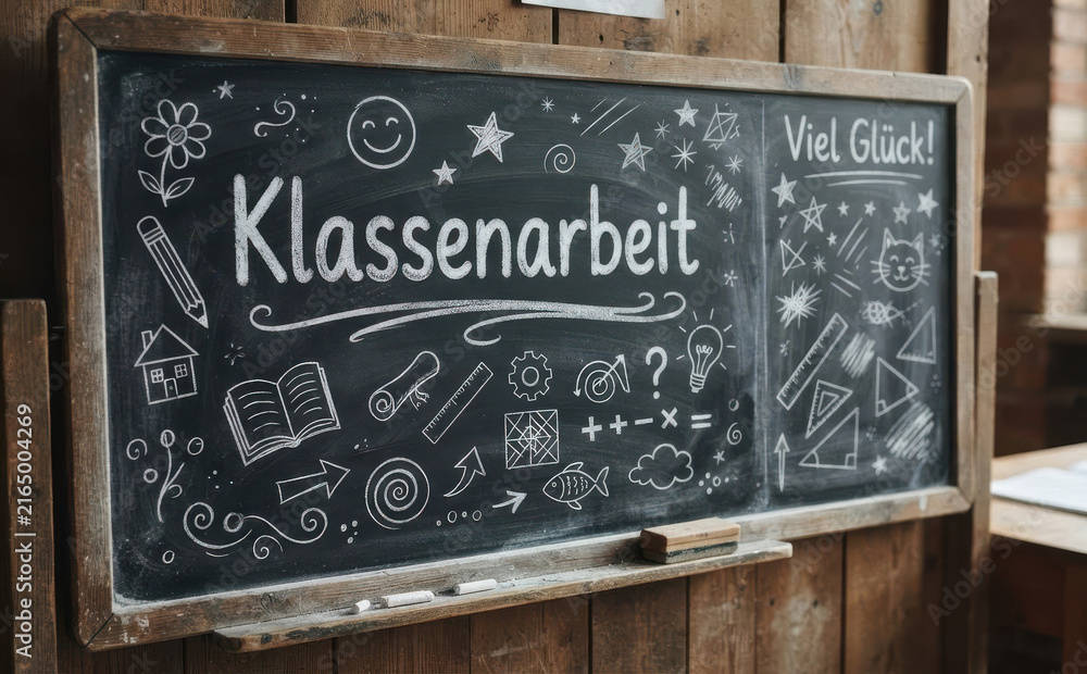 Naklejka premium Klassenarbeit Tafel mit Kreidezeichnung und Schulsymbolen als Hintergrundbild fur Prufung und Bildung