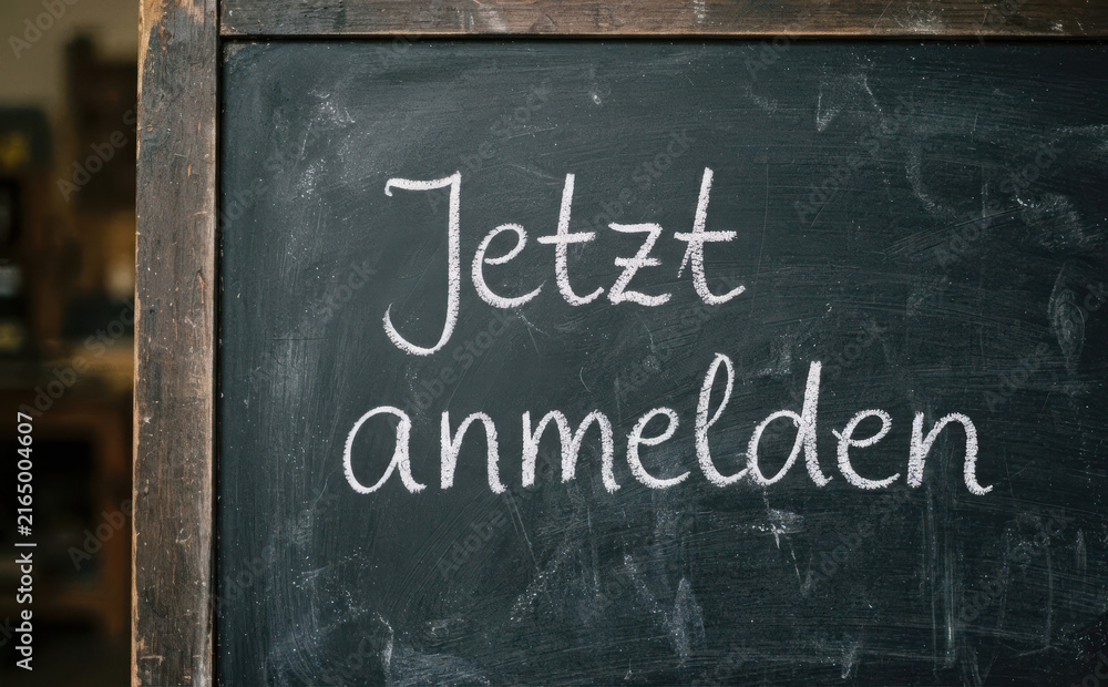 Naklejka premium Jetzt anmelden Tafel Handgeschrieben Kurs Registrierung Schule Bildung Konzept