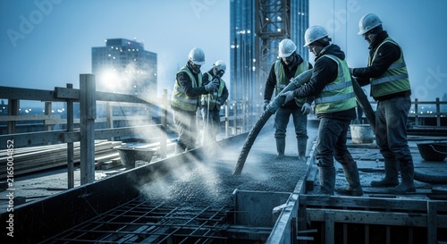 Construction Workers Pouring Concrete At Dusk With Cityscape Background
