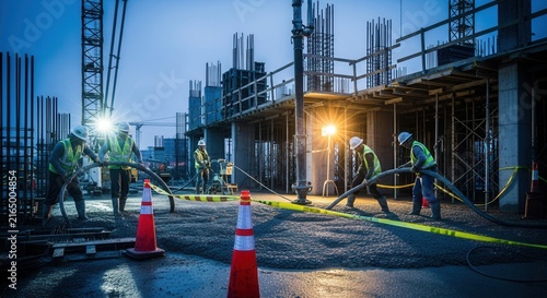 Construction Workers Pouring Concrete At Dusk With Bright Lights