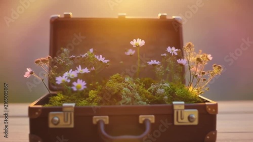 Vintage suitcase filled with wildflowers and soft moss glowing in warm golden sunset video motion animation