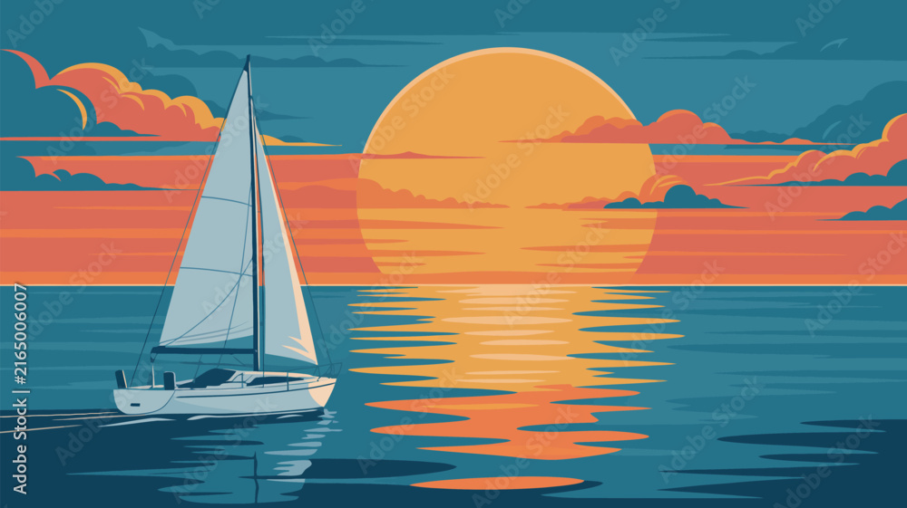 Fototapeta premium A sailboat navigates a calm sea at sunset, its white sails catching the warm, golden light of a large sun against a vibrant orange and teal sky