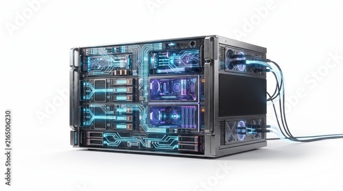 Futuristic supercomputer server with glowing blue circuits, high-tech data center hardware, advanced quantum computing mainframe