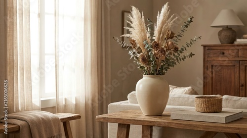 Minimalist ceramic vase with dried pampas grass on rustic wooden table in cozy home interior