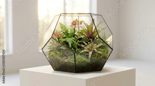 Glass terrarium with tropical plants on a white pedestal in a bright modern interior room.