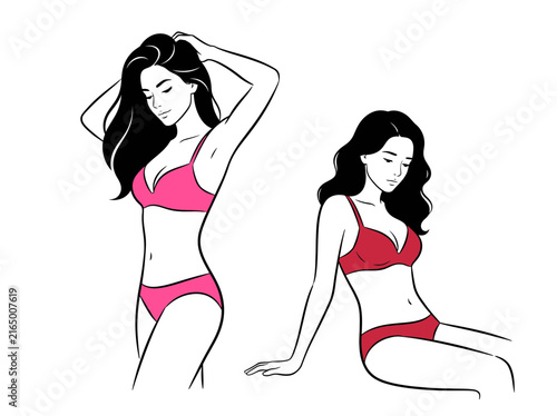 Foto Hand-drawn fashion illustration of women in pink and red lingerie sets