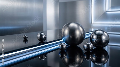 Polished metallic spheres on reflective surface with modern blue light studio background