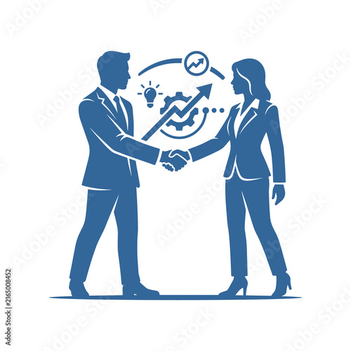 Business people shaking hands with business icons in background.