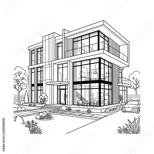 Modern Architectural House Design Outline Drawing.