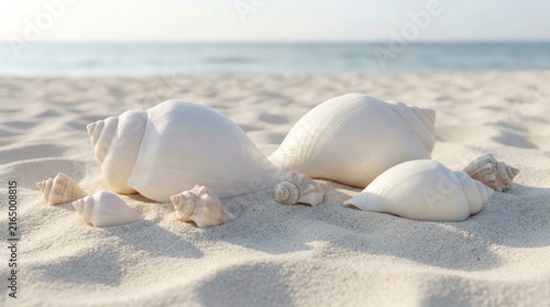 White seashells arranged on a sandy beach shore with ocean background