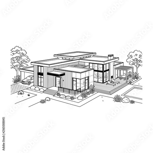Modern Architectural House Design with Flat Roofs and Large Windows.