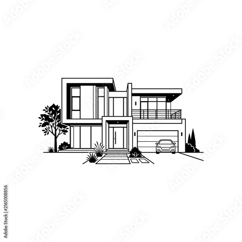 Modern House Outline with Car and Landscaping.