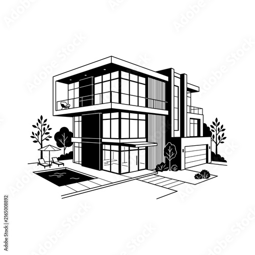Modern Luxury House with Large Windows and Garage in Black and White.