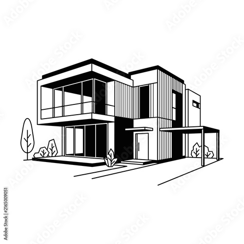 Modern Minimalist House Architecture Black and White Illustration.