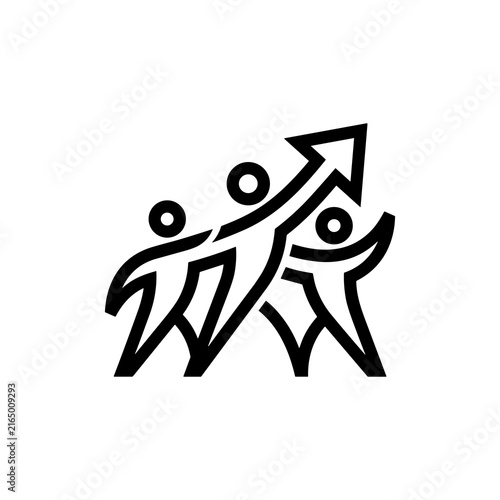 Three abstract figures with an upward arrow symbolizing teamwork and growth.