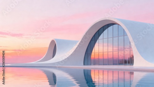 Minimalist White Arched Architecture Overlooking Water at Twilight 3D