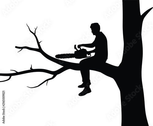 Man sitting on a branch cutting his own tree limb with a chainsaw silhouette for foolishness and mistake concepts