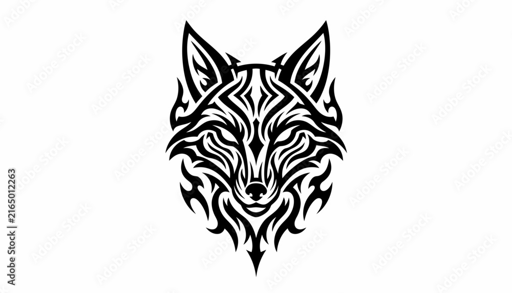 Fototapeta premium Striking black and white tribal wolf head design with intricate patterns and fierce expression, ideal for a tattoo or logo artwork.