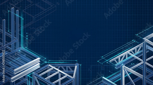 Digital architectural blueprint of a modern building structure with blue neon wireframe lines