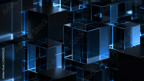 Abstract High Tech Background with Black Glass Cubes and Blue Glowing Light