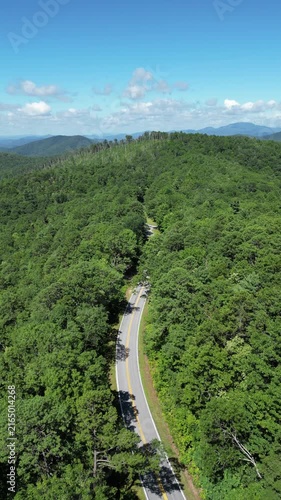 Aerial view overlooking a road winding through Oconee State Park with the foothills in the background in northwest South Carolina.
