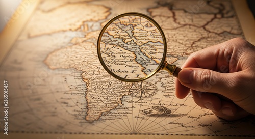 Hand examining vintage world map with magnifying glass for research and discovery