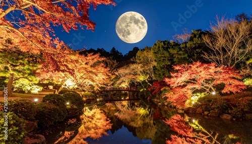 満月と紅葉が水面に反射する美しい夜の日本庭園の風景