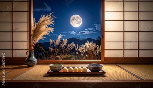 和室から望む美しい十五夜の満月とお月見団子とススキの風景