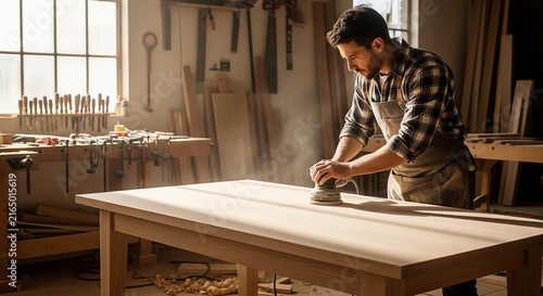 Focused woodworker crafting handmade furniture in a dimly lit workshop