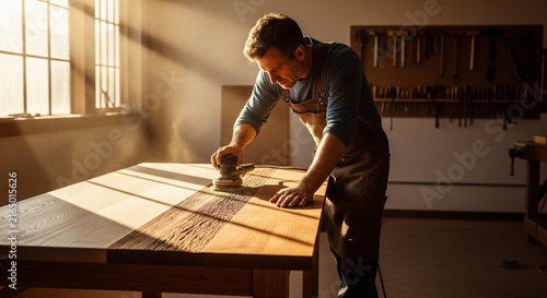 Focused woodworker crafting detailed wooden patterns in a warmly lit workshop