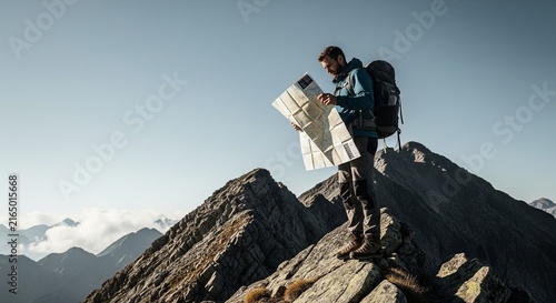 Adventurer standing triumphantly atop rugged mountain peak with vast alpine scenery