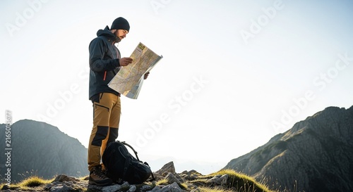 Solo adventurer studying map atop rugged mountain peak under dramatic sky