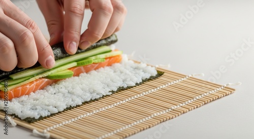 Hands assembling fresh sushi rolls with cucumber and salmon on bamboo mat