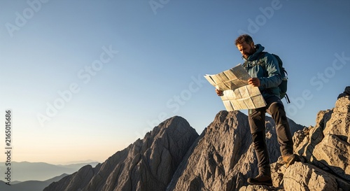Adventurer studying map atop mountain peak with breathtaking natural landscape