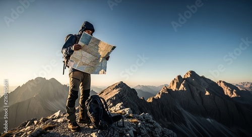Solo hiker standing atop rugged mountain peak with vast alpine landscape under clear sky