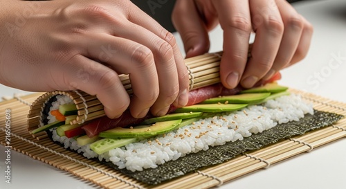 Hands carefully assembling fresh sushi rolls with green vegetables and rice on bamboo mat