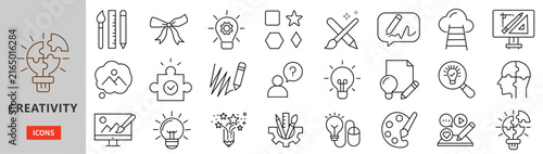 Creativity line icons set for graphic design brainstorming idea generation and art tools vector illustration