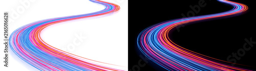 Neon light trail curving with blue pink and orange speed motion lines for technology backgrounds, PNG, Transparent and Black Background Versions